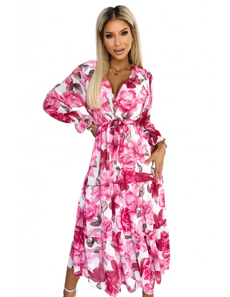  436-1 VALENTINA Midi dress with a neckline and a belt - pink roses on a white background 