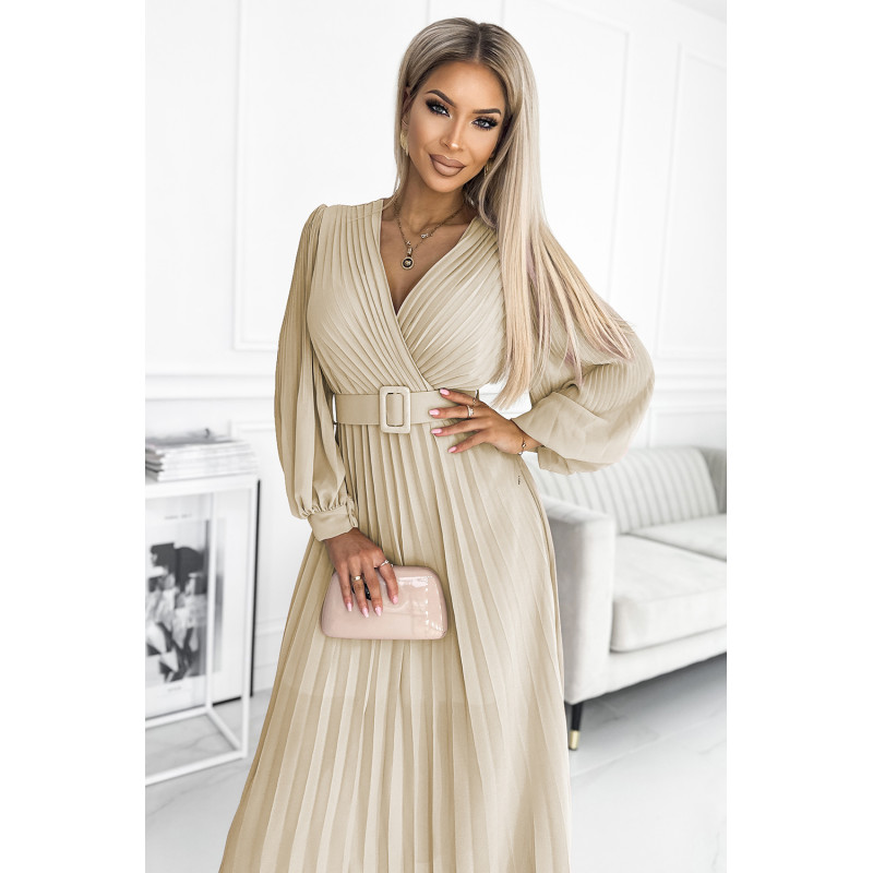  414-8 KLARA pleated dress with a belt and a neckline - beige  2