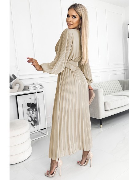  414-8 KLARA pleated dress with a belt and a neckline - beige 