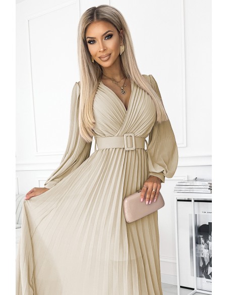  414-8 KLARA pleated dress with a belt and a neckline - beige 