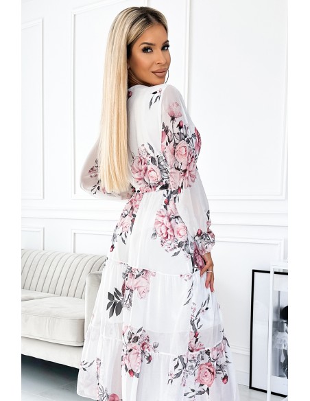  436-2 VALENTINA Midi dress with a neckline and a belt - white with roses 