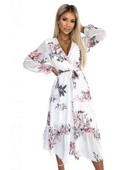  436-2 VALENTINA Midi dress with a neckline and a belt - white with roses 