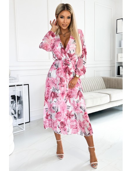  433-1 GAJA Pleated midi dress with a neckline and long sleeves - pink flowers on a white background 