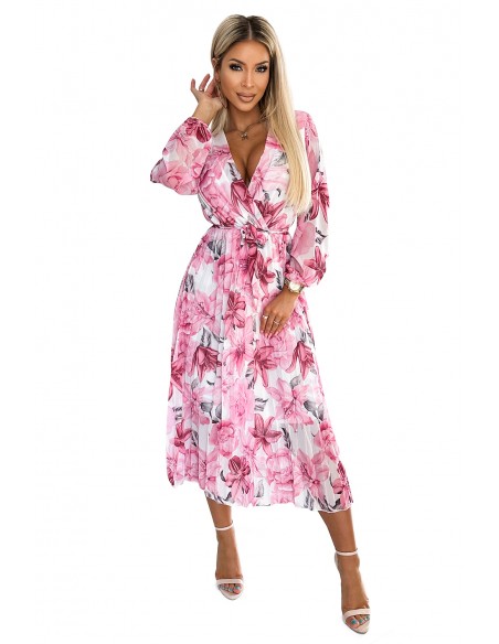  433-1 GAJA Pleated midi dress with a neckline and long sleeves - pink flowers on a white background 