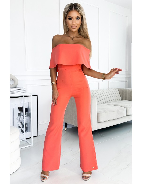  444-1 Jumpsuit with a frill and bare shoulders - peach 