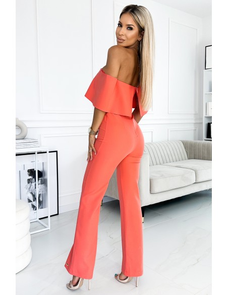  444-1 Jumpsuit with a frill and bare shoulders - peach 