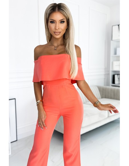  444-1 Jumpsuit with a frill and bare shoulders - peach 