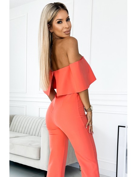  444-1 Jumpsuit with a frill and bare shoulders - peach 