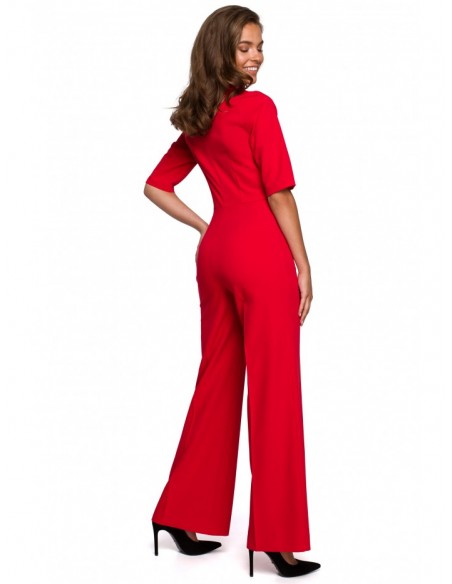 S243 Elegant jumpsuit with a tie neck - red