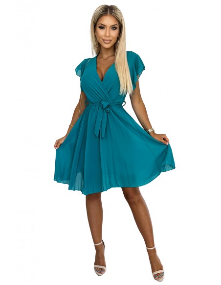  424-1 Chiffon pleated dress with a neckline and frills - sea color 