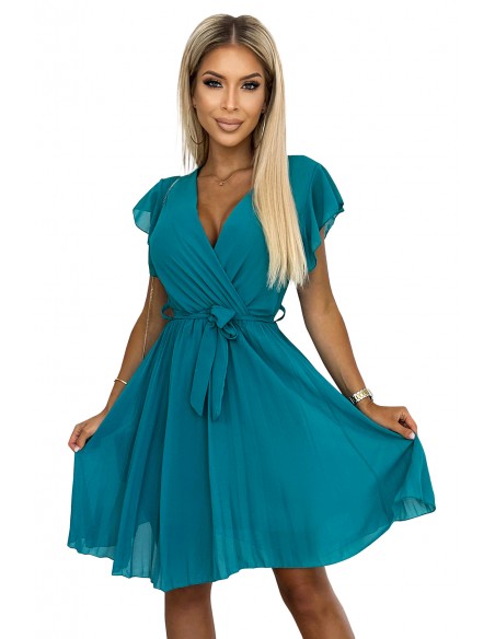  424-1 Chiffon pleated dress with a neckline and frills - sea color 