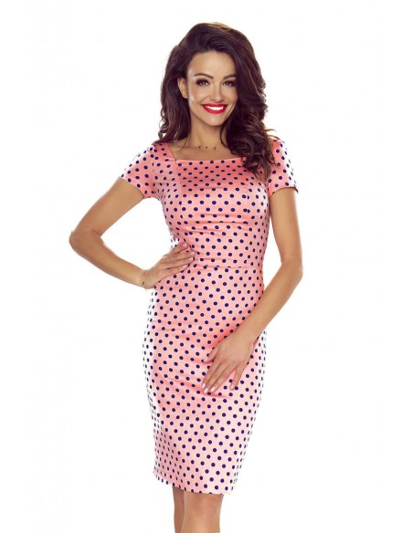  440-2 Elegant cotton dress with short sleeves - pink with navy blue polka dots 