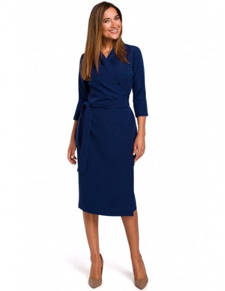 S175 Wrap front dress with a tie detail - navy blue