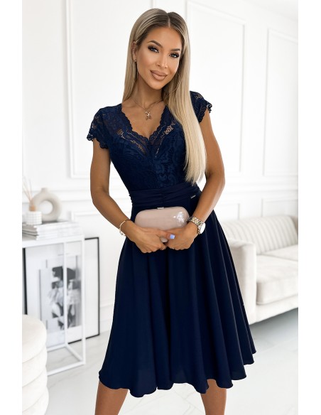  381-4 LINDA - chiffon dress with lace neckline - Navy blue 