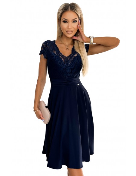 381-4 LINDA - chiffon dress with lace neckline - Navy blue 