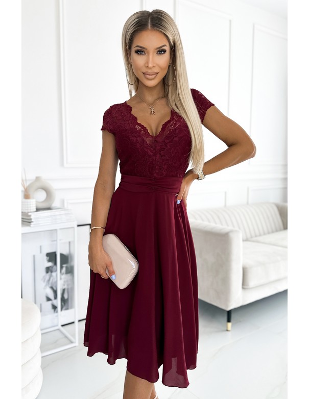 381-5 LINDA - chiffon dress with lace neckline - Burgundy color 
