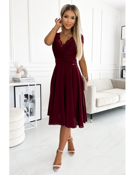  381-5 LINDA - chiffon dress with lace neckline - Burgundy color 