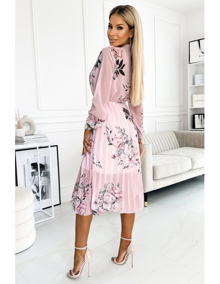  449-4 CARLA Pleated midi dress with buttons and long sleeves - roses on a pastel pink background 