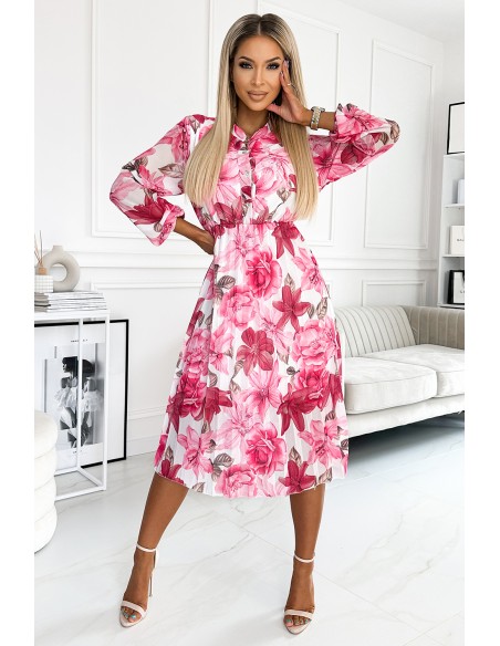  449-5 CARLA Pleated midi dress with buttons and long sleeves - dark pink flowers on a white background 