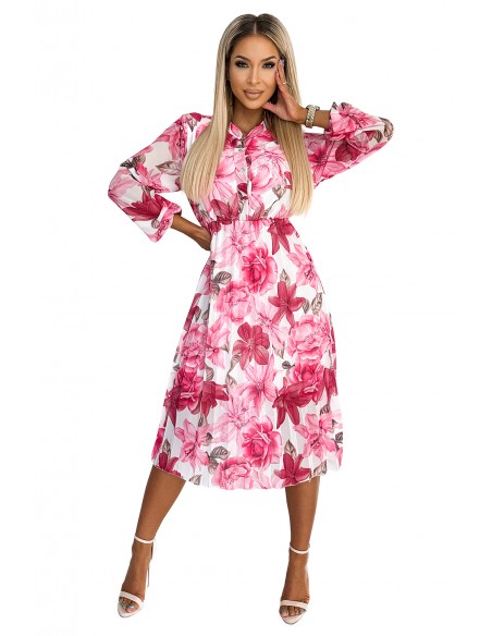  449-5 CARLA Pleated midi dress with buttons and long sleeves - dark pink flowers on a white background 