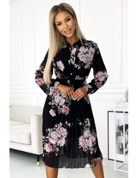  449-3 CARLA Pleated midi dress with buttons and long sleeves - roses on a black background 