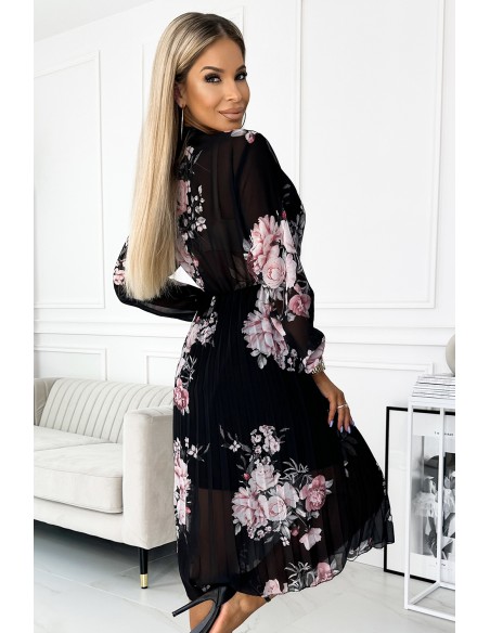  449-3 CARLA Pleated midi dress with buttons and long sleeves - roses on a black background 