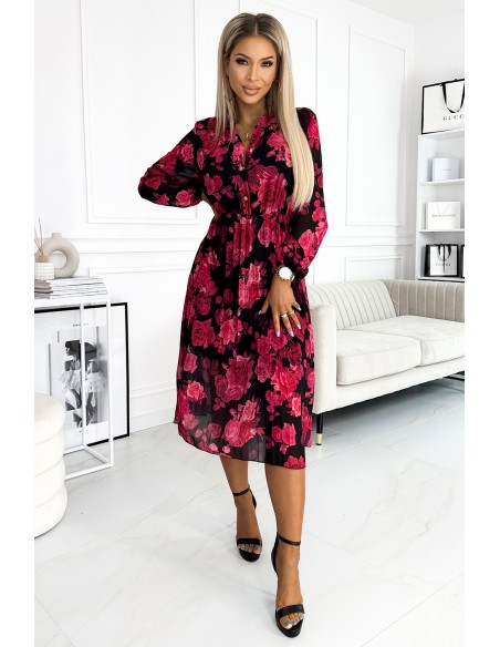  449-2 CARLA Pleated midi dress with buttons and long sleeves - black with red roses 