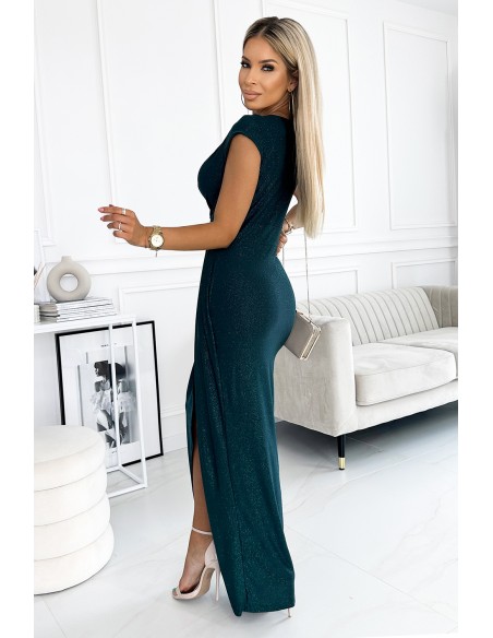  451-1 Shiny dress with short sleeves, neckline and a slit on the leg - green 