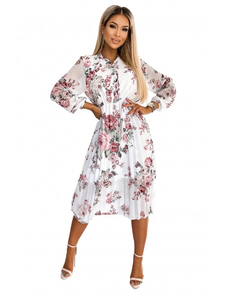  449-1 CARLA Pleated midi dress with buttons and long sleeves - roses on a white background 