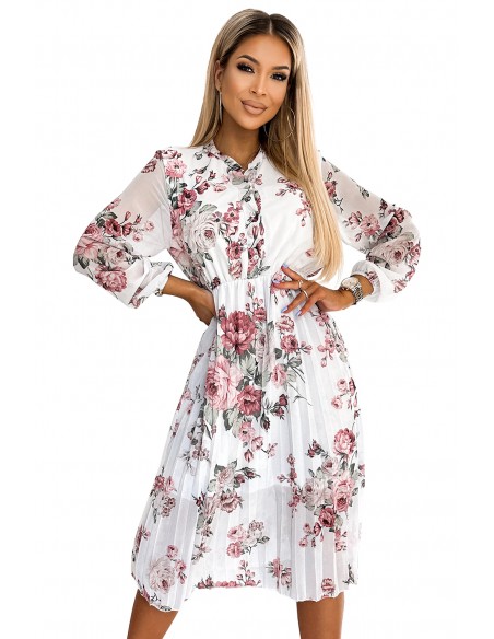 449-1 CARLA Pleated midi dress with buttons and long sleeves - roses on a white background 