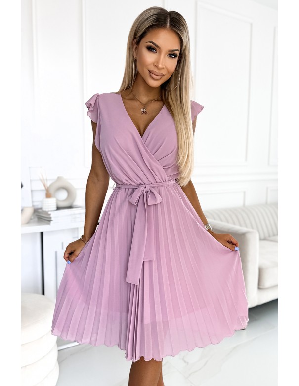  374-3 POLINA Pleated dress with a neckline and frills - dirty pink 