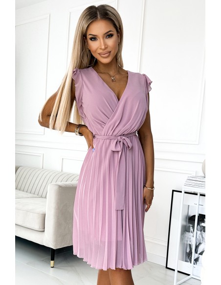  374-3 POLINA Pleated dress with a neckline and frills - dirty pink 