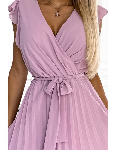  374-3 POLINA Pleated dress with a neckline and frills - dirty pink 