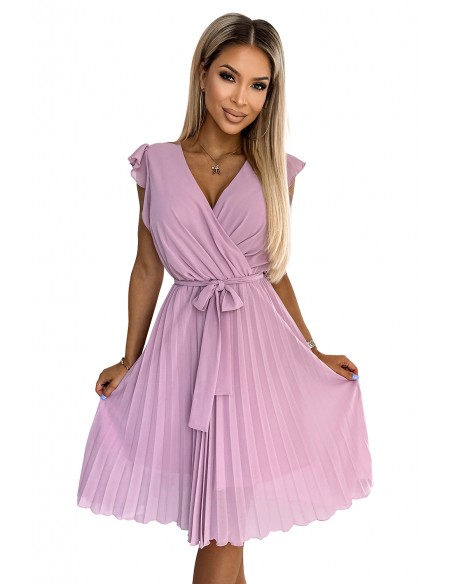  374-3 POLINA Pleated dress with a neckline and frills - dirty pink 