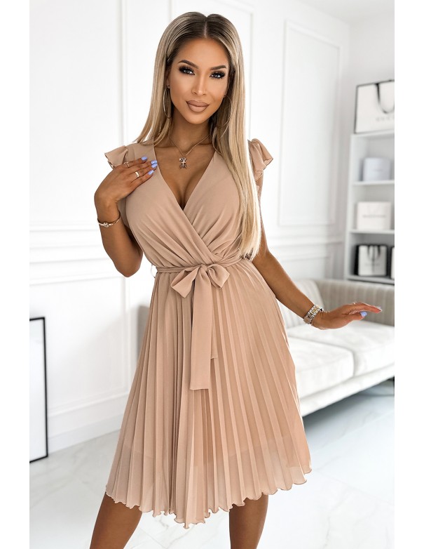  374-5 POLINA Pleated dress with a neckline and frills - beige 