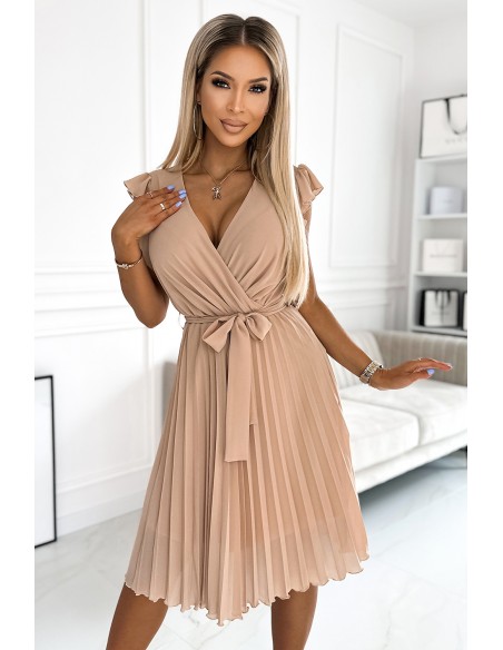  374-5 POLINA Pleated dress with a neckline and frills - beige 