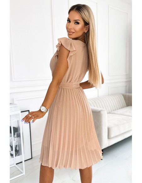  374-5 POLINA Pleated dress with a neckline and frills - beige 