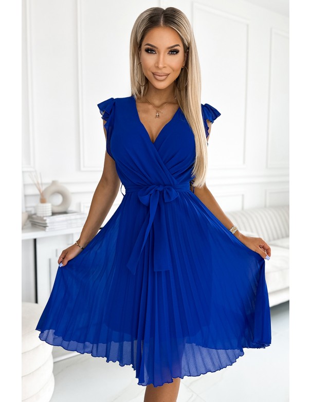  374-4 POLINA Pleated dress with a neckline and frills - royal blue 