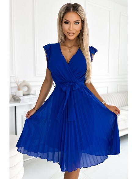  374-4 POLINA Pleated dress with a neckline and frills - royal blue 