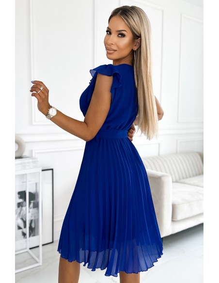  374-4 POLINA Pleated dress with a neckline and frills - royal blue 