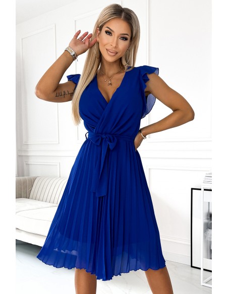  374-4 POLINA Pleated dress with a neckline and frills - royal blue 