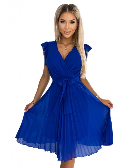  374-4 POLINA Pleated dress with a neckline and frills - royal blue 