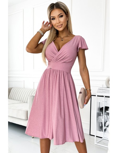  425-2 MATILDE Dress with a neckline and short sleeves - powder pink with glitter 