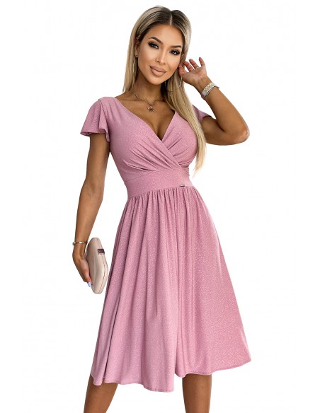  425-2 MATILDE Dress with a neckline and short sleeves - powder pink with glitter 