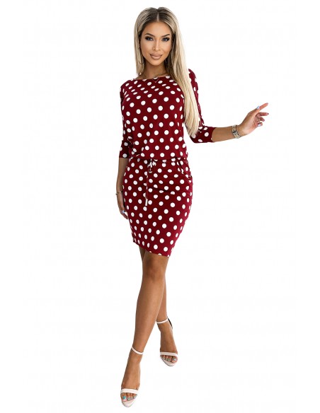  13-156 Sports dress with binding and pockets - burgundy + polka dots 