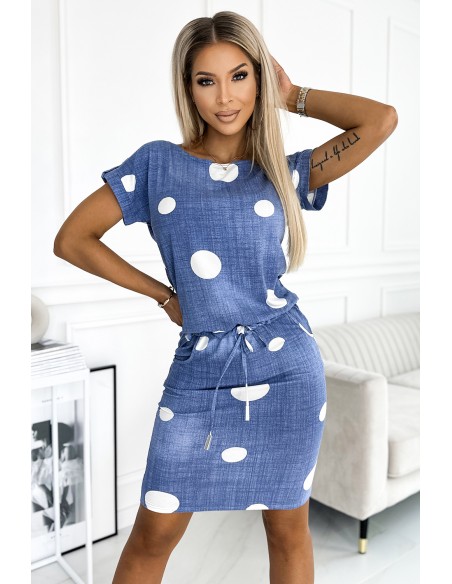  203-4 Sports dress with short sleeves - jeans + white polka dots 