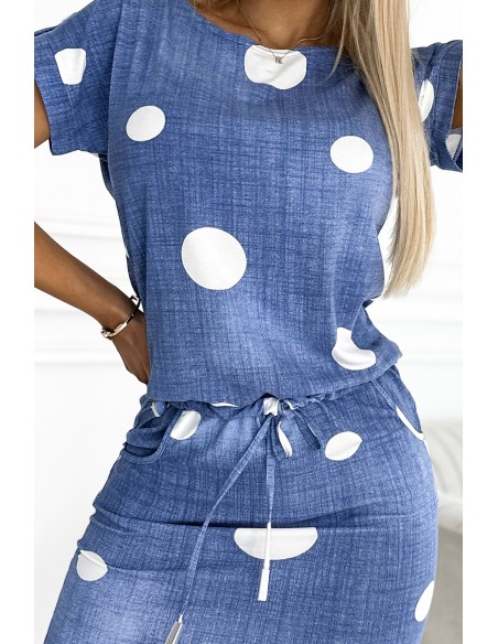  203-4 Sports dress with short sleeves - jeans + white polka dots 