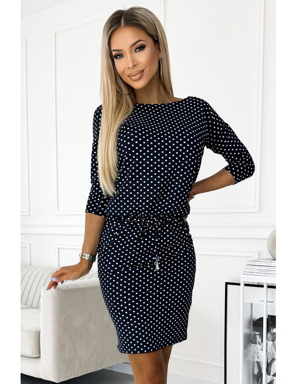  13-157 Sports dress with binding and pockets - jeans with polka dots 