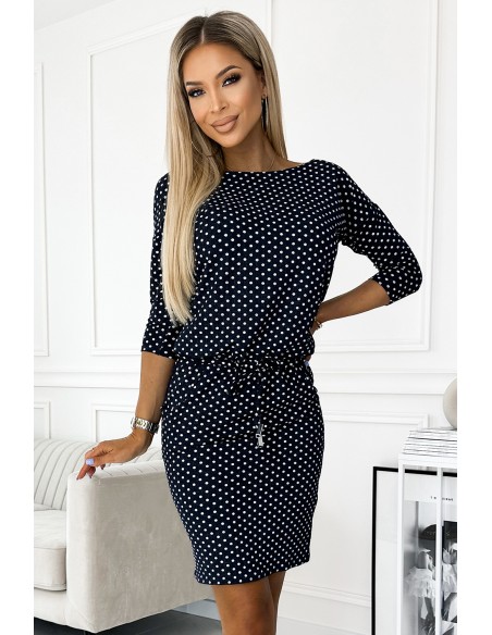  13-157 Sports dress with binding and pockets - jeans with polka dots 