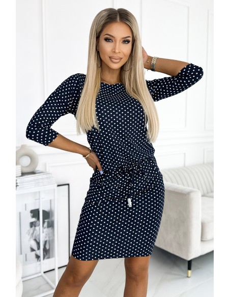  13-157 Sports dress with binding and pockets - jeans with polka dots 